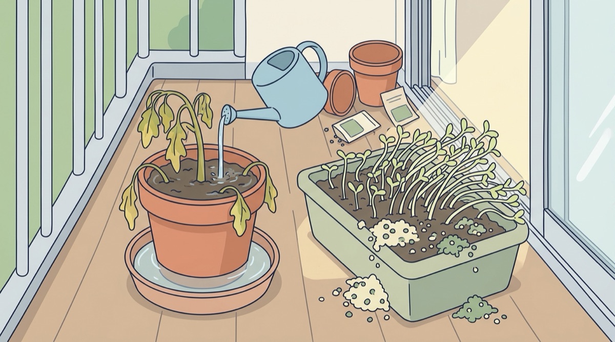 水がたまった受け皿の鉢と、ひょろひょろに徒長した密植の芽、こぼれた肥料