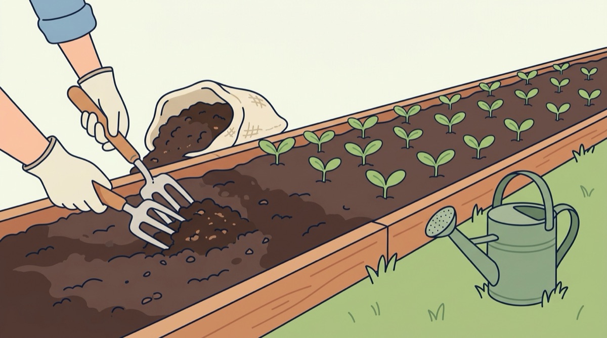 堆肥を土に混ぜ込み、株間をあけて苗を並べた菜園の畝