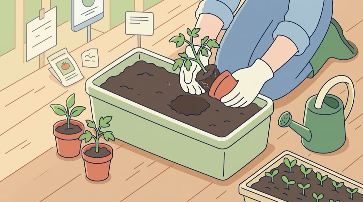 培養土を入れたプランターに、苗を植えつける手元。ポット苗と葉物の芽も並ぶ