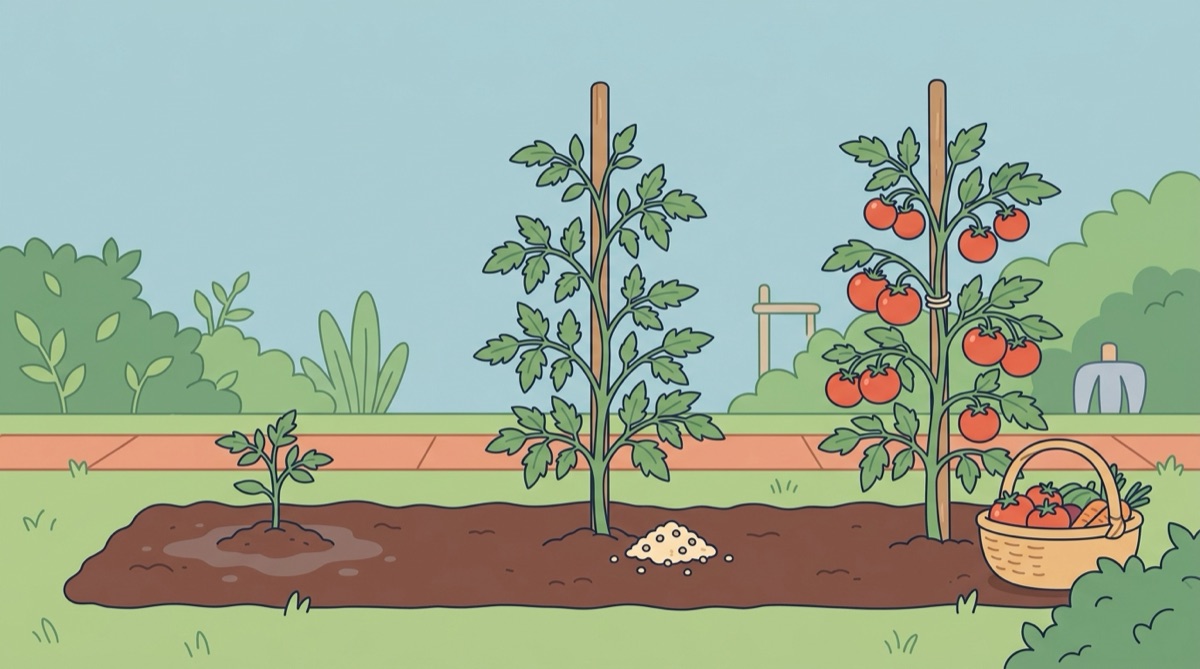 同じ畝に、植えたての苗・伸び盛りの株・実った株と収穫かごが並ぶ