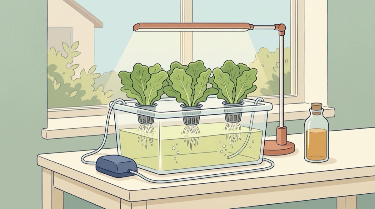 養液に根を浸したレタスの容器と、エアポンプと植物用ライト