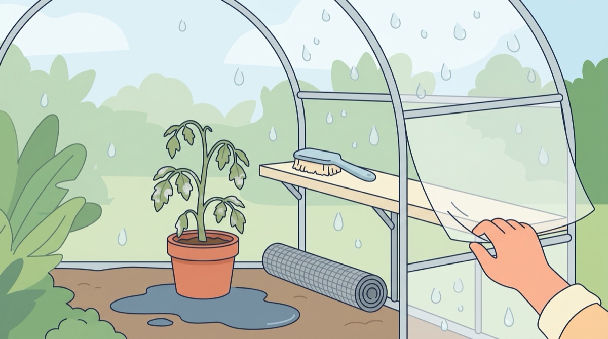 締め切って水滴だらけのハウス。使われない遮光ネットと、換気口を開ける手